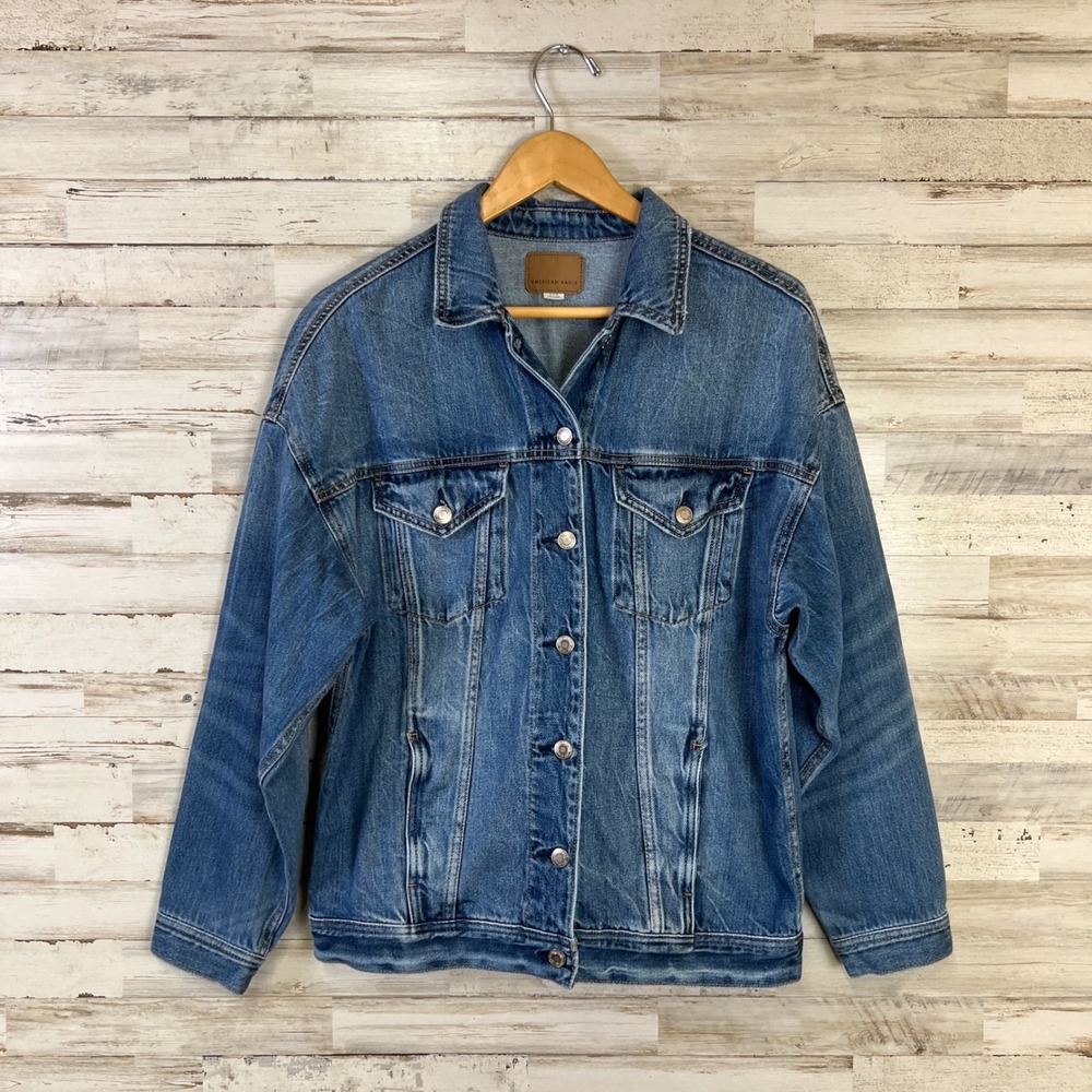 American Eagle Trucker Jacket Men M Blue Denim Oversized Fit Medium Wash Classic